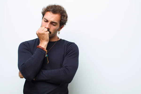 Young Handsome Man Feeling Serious Thoughtful Concerned Staring Sideways Hand — Stock Photo, Image