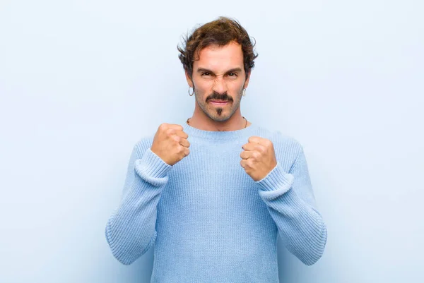 Young Handsome Man Looking Confident Angry Strong Aggressive Fists Ready — Stockfoto