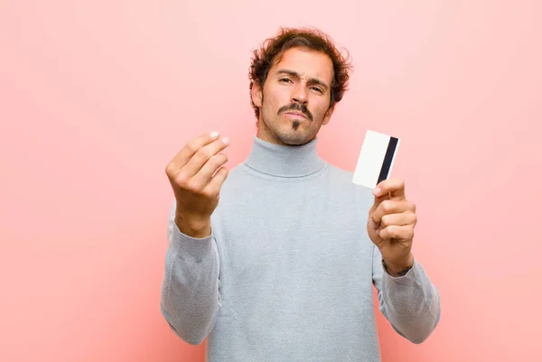Young Handsome Man Credit Card Pink Flat Wall — ストック写真