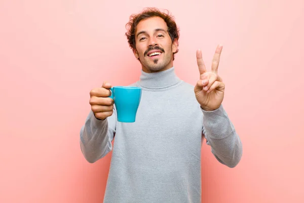 Young Handsome Man Coffee Cup Pink Flat Wall — Stockfoto
