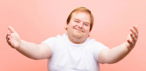 Young Big Size Man Smiling Cheerfully Giving Warm Friendly Loving — Stock Photo, Image