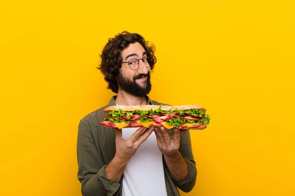 Young Crazy Bearded Man Giant Sandwich — Stock Photo, Image