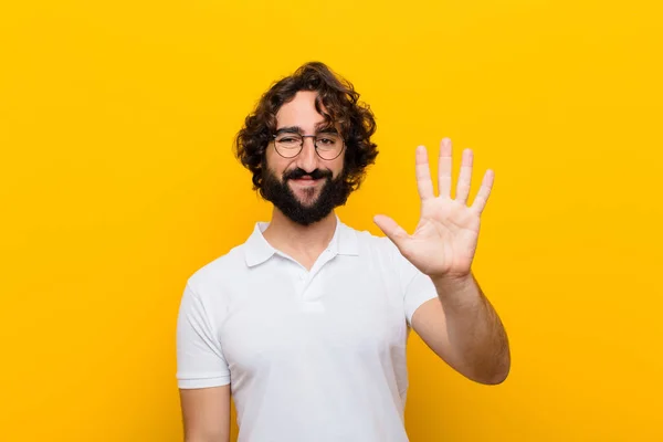 Young Crazy Man Smiling Looking Friendly Showing Number Five Fifth — Stockfoto