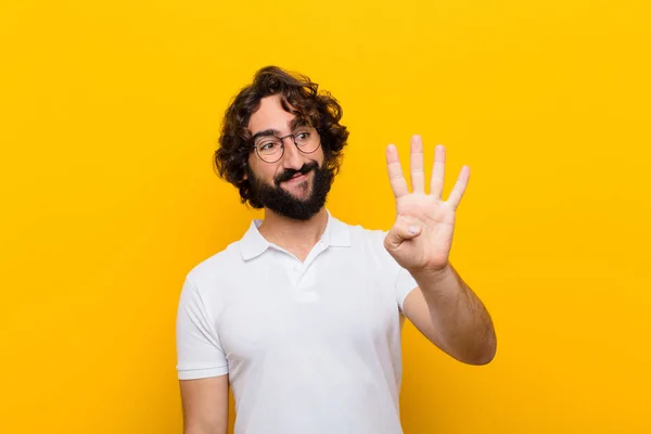 Young Crazy Man Smiling Looking Friendly Showing Number Four Fourth — Stockfoto