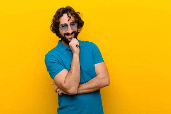 Young Crazy Man Looking Happy Smiling Hand Chin Wondering Asking — Stock Photo, Image