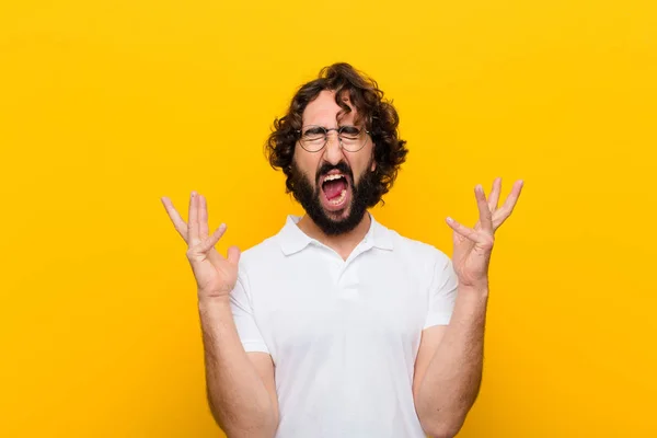 Young Crazy Man Furiously Screaming Feeling Stressed Annoyed Hands Air — Stock Photo, Image