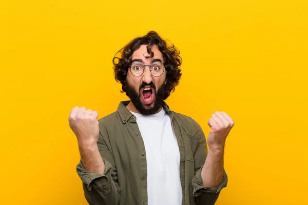 Young Crazy Man Shouting Aggressively Angry Expression Fists Clenched Celebrating — Stock Photo, Image