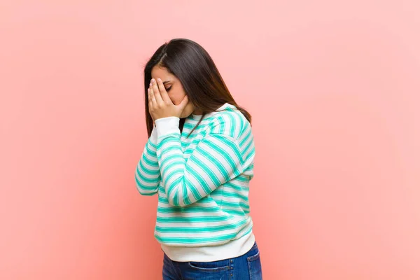 Young Pretty Hispanic Woman Covering Eyes Hands Sad Frustrated Look — ストック写真