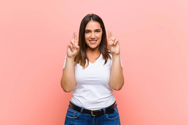 Young Pretty Hispanic Woman Feeling Nervous Hopeful Crossing Fingers Praying — Stock Photo, Image