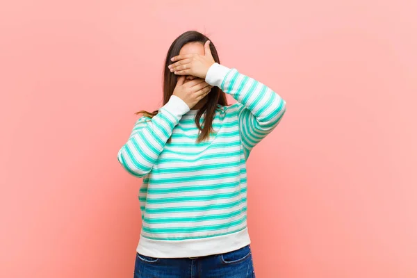 Young Pretty Hispanic Woman Covering Face Both Hands Saying Camera — ストック写真