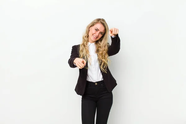 Young Blonde Woman Feeling Happy Confident Pointing Camera Both Hands — Stock Photo, Image