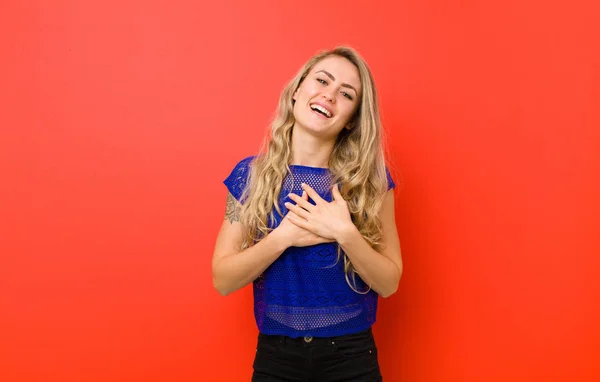 Young Blonde Woman Feeling Romantic Happy Love Smiling Cheerfully Holding — Stock Photo, Image