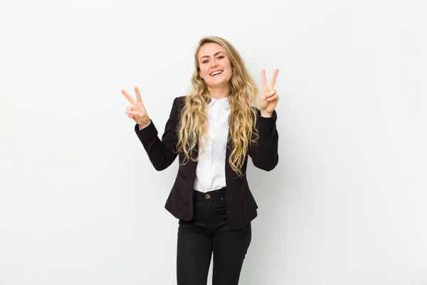 Young Blonde Woman Smiling Looking Happy Friendly Satisfied Gesturing Victory — Stock Photo, Image