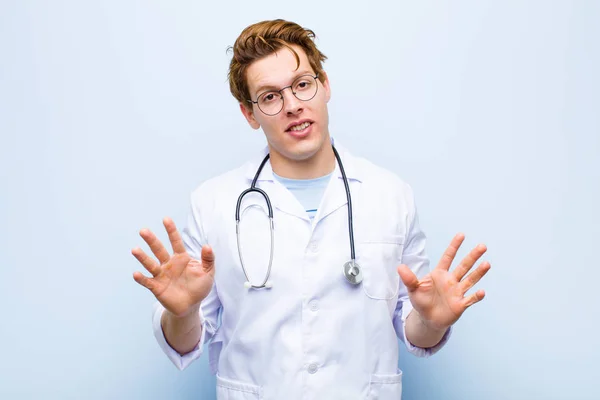 Young Red Head Doctor Looking Nervous Anxious Concerned Saying Fault — Stock Photo, Image
