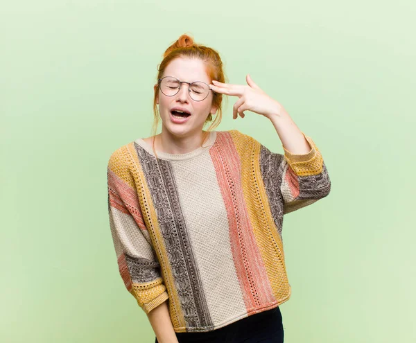 Young Pretty Red Head Woman Looking Unhappy Stressed Suicide Gesture — 스톡 사진