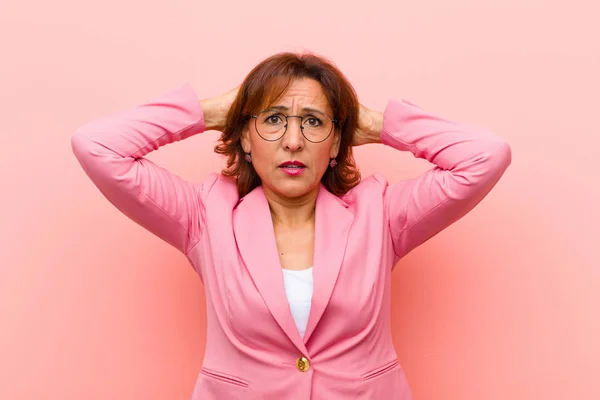 Middle Age Woman Feeling Stressed Worried Anxious Scared Hands Head — Stockfoto