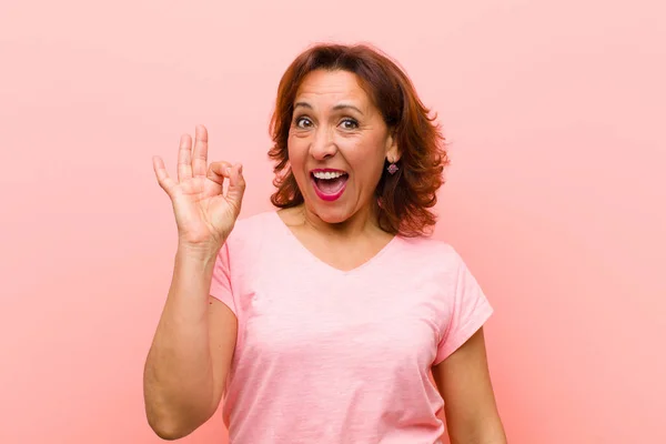 Middle Age Woman Feeling Successful Satisfied Smiling Mouth Wide Open — Stock Photo, Image
