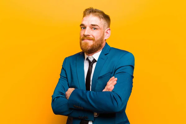 Young Red Head Businessman Shrugging Feeling Confused Uncertain Doubting Arms — Stock Photo, Image