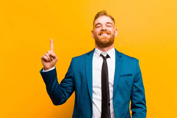 Young Red Head Businessman Smiling Cheerfully Happily Pointing Upwards One — Stock Photo, Image
