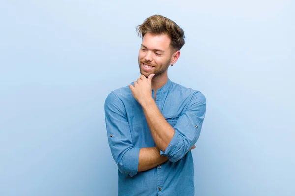 Young Businessman Smiling Happy Confident Expression Hand Chin Wondering Looking — Stok fotoğraf