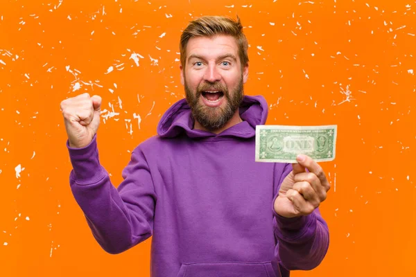 Young Blonde Man Dollar Bills Banknotes Wearing Purple Hoodie Damaged — Stock Photo, Image