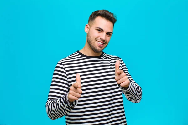 Young Hispanic Man Smiling Positive Successful Happy Attitude Pointing Camera — Stock Photo, Image