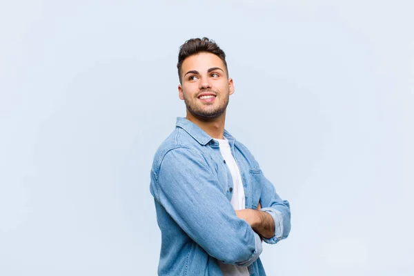 Young Hispanic Man Smiling Gleefully Feeling Happy Satisfied Relaxed Crossed — Stock Photo, Image