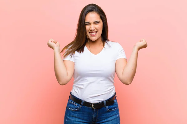 Young Pretty Hispanic Woman Looking Extremely Happy Surprised Celebrating Success — Stock Photo, Image