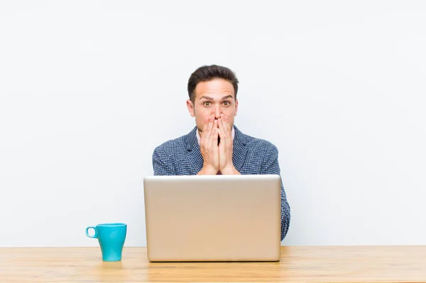 Young Handsome Businessman Happy Excited Surprised Amazed Covering Mouth Hands — Stock Photo, Image