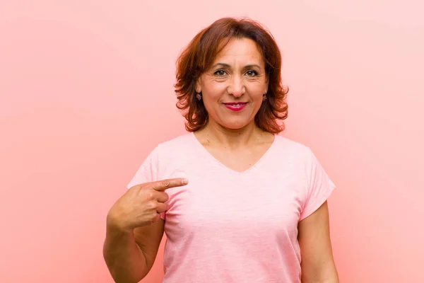 Middle Age Woman Looking Proud Confident Happy Smiling Pointing Self — Stock Photo, Image