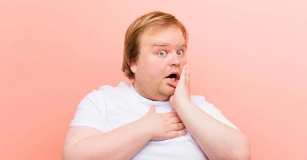 Young Big Size Man Open Mouthed Shock Disbelief Hand Cheek — Stock Photo, Image