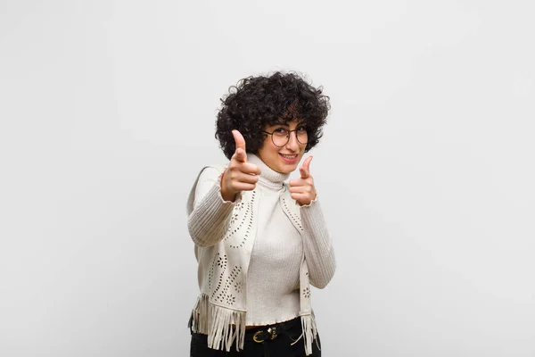 Young Pretty Afro Woman Smiling Positive Successful Happy Attitude Pointing — Stock Photo, Image