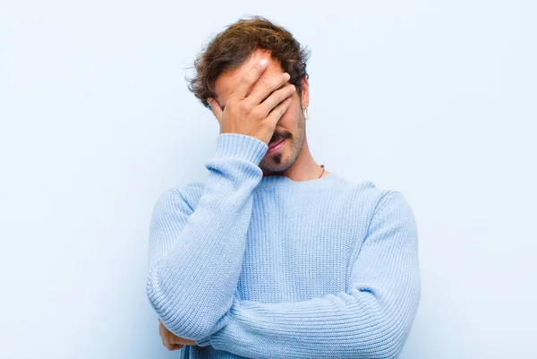 Young Handsome Man Looking Stressed Ashamed Upset Headache Covering Face — Stock Photo, Image