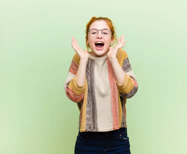 Young Pretty Red Head Woman Feeling Shocked Excited Laughing Amazed — Stock Photo, Image