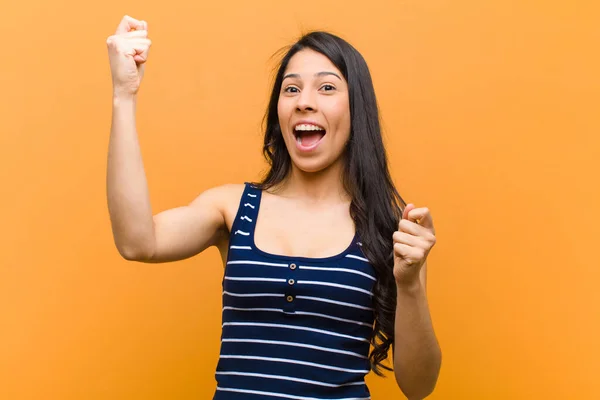 Young Pretty Hispanic Woman Shouting Triumphantly Looking Excited Happy Surprised — Stock Photo, Image