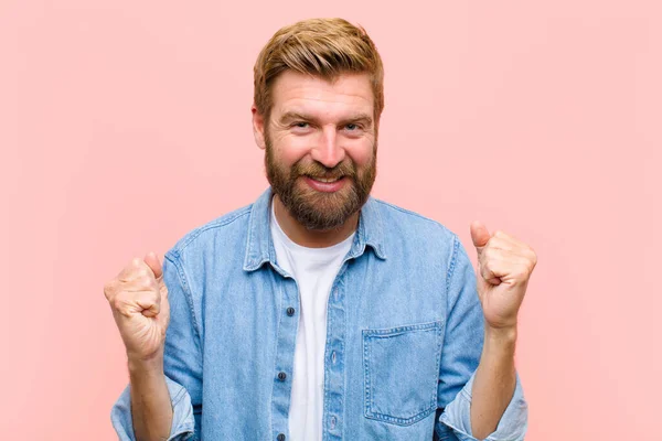 Young Blonde Adult Man Feeling Shocked Excited Happy Laughing Celebrating — Stock Photo, Image