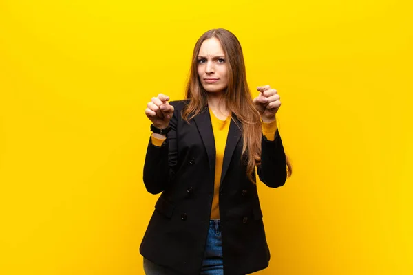 Young Pretty Businesswoman Pointing Forward Camera Both Fingers Angry Expression — Stock Photo, Image