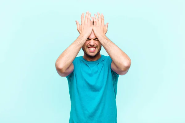 Young Hispanic Man Feeling Stressed Anxious Depressed Frustrated Headache Raising — Stock Photo, Image