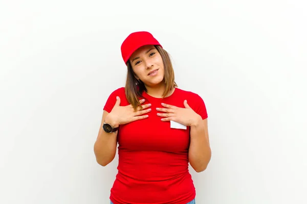 Delivery Woman Looking Happy Surprised Proud Excited Pointing Self White — Stock Photo, Image