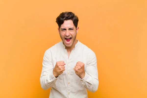 Young Handsome Man Shouting Aggressively Annoyed Frustrated Angry Look Tight — Stock Photo, Image