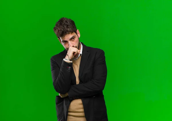 Young Businessman Feeling Serious Thoughtful Concerned Staring Sideways Hand Pressed — Stock Photo, Image