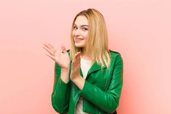 Young Pretty Blonde Woman Feeling Happy Successful Smiling Clapping Hands — Stock Photo, Image