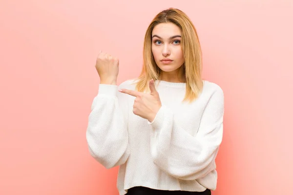 Young Pretty Blonde Woman Looking Impatient Angry Pointing Watch Asking — Stock Photo, Image