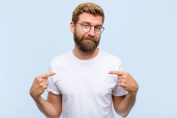 Young Blonde Adult Man Looking Proud Positive Casual Pointing Chest — Stock Photo, Image