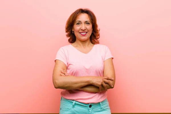 Middle Age Woman Looking Happy Proud Satisfied Achiever Smiling Arms — Stock Photo, Image