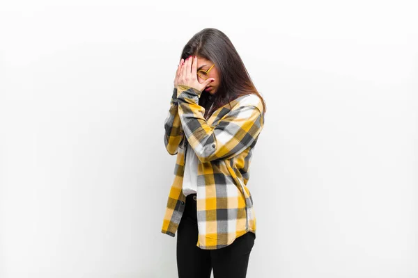 Young Pretty Woman Covering Eyes Hands Sad Frustrated Look Despair — Stock Photo, Image