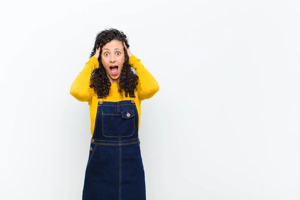 Young Pretty Woman Raising Hands Head Open Mouthed Feeling Extremely — Stock Photo, Image