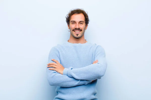 Young Handsome Man Looking Happy Proud Satisfied Achiever Smiling Arms — Stock Photo, Image