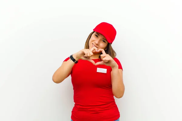 Delivery Woman Smiling Feeling Happy Cute Romantic Love Making Heart — Stock Photo, Image