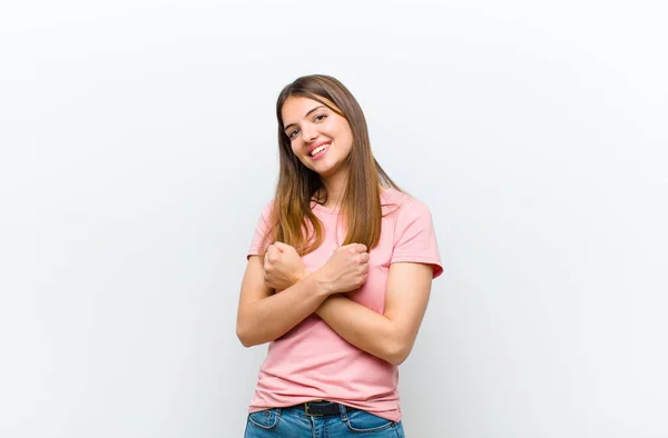 Young Pretty Woman Smiling Cheerfully Celebrating Fists Clenched Arms Crossed — Stock Photo, Image